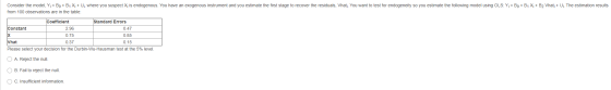Consider the model, Yi = Bo + B1 Xi + Uj, where you suspect Xi is endogenous. You have an exogenous instrument and you estima