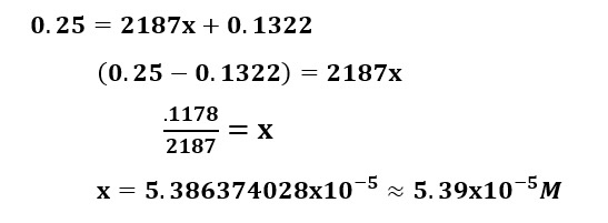 0.25 = 2187x + 0.1322 (0.25 – 0.1322) = 2187x .1178 = = X 2187 x = 5.386374028x10-5 ~5.39x10-5M