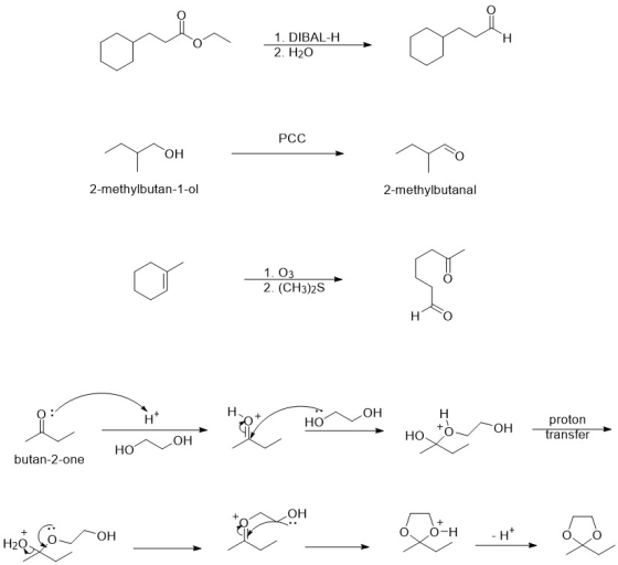 order t 1. DIBAL-H 2. H2O o on PCC OH 2-methylbutan-1-ol 2-methylbutanal 1.03 2. (CH3)2S клон HOVOH на HO. to ti o OH- proton