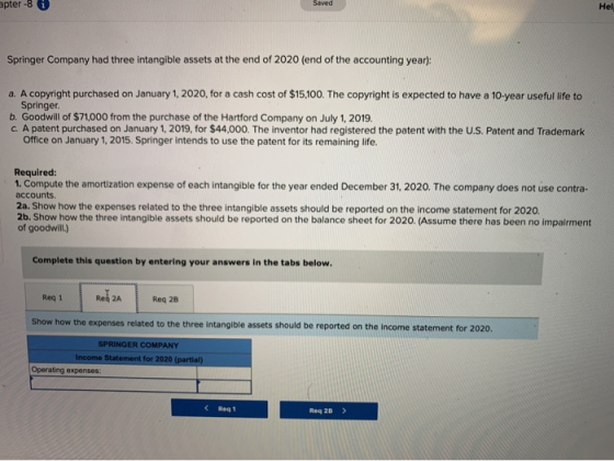 Saved apter -8 0 Springer Company had three intangible assets at the end of 2020 (end of the accounting year): a. A copyright