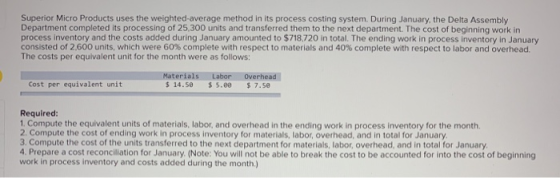 Superior Micro Products uses the weighted average method in its process costing system. During January, the Delta Assembly De