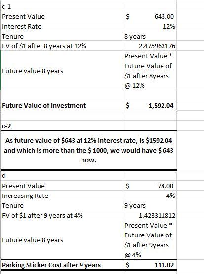 c-1 Present Value Interest Rate Tenure FV of $1 after 8 years at 12% $ 643.00 12% 8 years 2.475963176 Present Value * Future