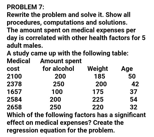 PROBLEM 7: Rewrite the problem and solve it. Show all procedures, computations and solutions. The amount spent on medical exp