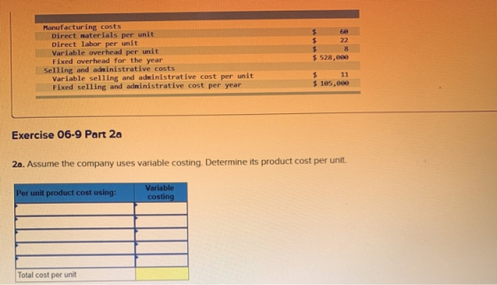 Manufacturing costs Direct materials per unit Direct labor per unit Variable overhead per unit Fixed overhead for the year Se