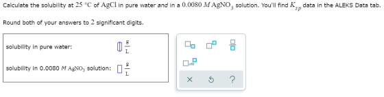 Calculate the solubility at 25 °C of AgCl in pure water and in a 0.0080 M AgNO, solution. Youll find K., data in the ALEKS D