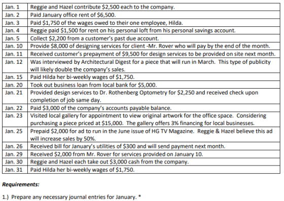Jan. 1 Reggie and Hazel contribute $2,500 each to the company. Jan. 2 Paid January office rent of $6,500. Jan. 3 Paid $1,750