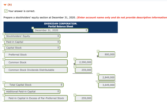 (b) Your answer is correct. Prepare a stockholders equity section at December 31, 2020. (Enter account name only and do not