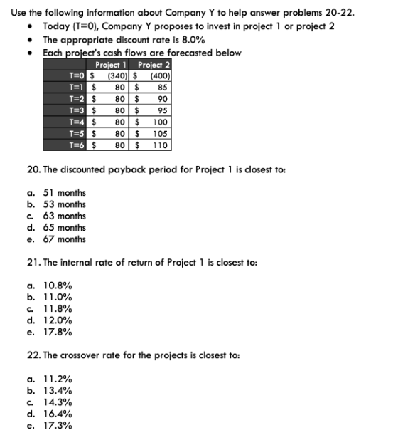 Use the following information about Company Y to help answer problems 20-22. • Today (T=0), Company Y proposes to invest in p