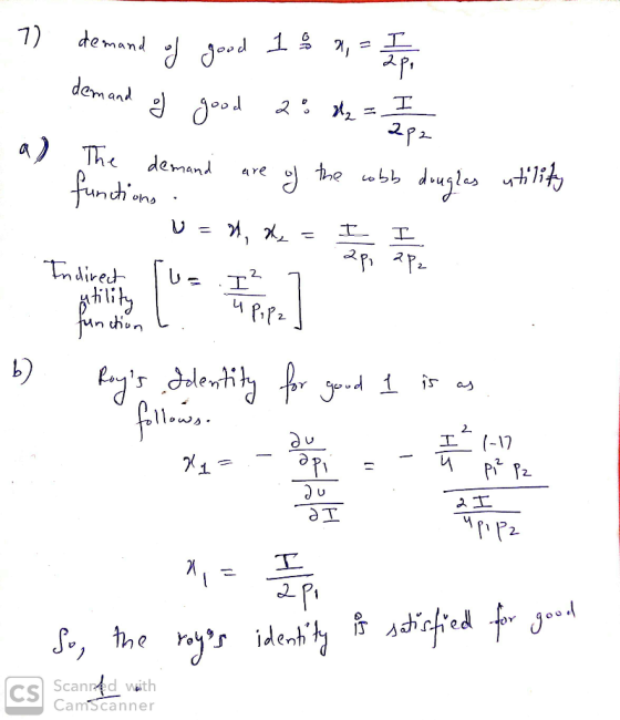 7) demand of good 1 8 x = 1 poi demand of good 20 0₂ = I 1 282 a) The demand are of the cobb douglas utility u = h, the = t u