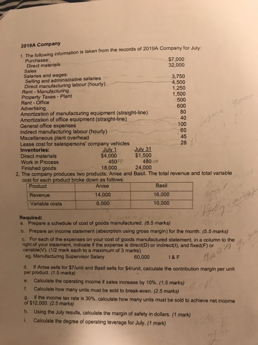 2019A Company 1. The following information is taken from the records of 2019A Company for July: $7,000 32,000 Direct materials Sales 3,750 4,500 1,250 1,500 500 600 80 40 100 Salaries and wages: Selling and administrative salaries Direct manufacturing labour (hourly) Rent - Manufacturing Property Taxes - Plant Rent-Office Advertising Amortization of manufacturing equipment (straight-line) Amortization of office equipment (straight-line) General office expenses Indirect manufacturing labour (hourly) Miscellaneous plant overhead Lease cost for salespersons company vehicles Inventories: Direct materials Work in Process Finished goods 45 28 $4,000 $1,500 4500 18,000 480 00 24,000 2. The company produces two products; Anise and Basil. The total revenue and total variable cost for each product broke down as follows: Product 14,000 16,000 10,000 Revenue Variable costs 6,000 Required: a. Prepare a schedule of cost of goods manufactured. (6.5 marks) b. Prepare an income statement (absorption using gross margin) for the month. (5.5 marks) c. For each of the expenses on your cost of goods manufactured statement, in a column to the right of your statement, indicate if the expense is direct(D) or indirect(I), and fixed(F) orok variable(V). (1/2 mark each to a maximum of 3 marks) eg. Manufacturing Supervisor Salary 60,000 I& F d. If Anise sells for $7/unit and Basil sells for $4/unit, calculate the contribution margin per unit per product. (1.5 marks) e. Calculate the operating income if sales increase by 10%. (1.5 marks) f. Calculate how many units must be sold to break-even. (2.5 marks) come tax rate is 30%, calculate how many units must be sold to achieve net income of $12,000. (2.5 marks) h. Using the July results, calculate the margin of safety in dollars. (1 mark) L Calculate the degree of operating leverage for July. (1 mark)