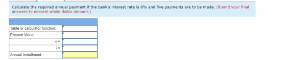 Calculate the required annual payment if the banks interest rate is 8% and five payments are to be made. (Round your final a