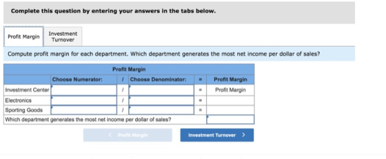 Complete this question by entering your answers in the tabs below. Profit Margin Investment Turnover Compute profit margin fo