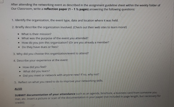 After attending the networking event as described in the assignment guideline sheet within the weekly folder of Our Classroom