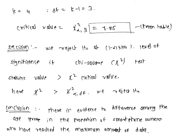 k= 4 . df = K-=3. critical value = tais = 7.815 ] (from table) Decision - we reject to at Clod) NOD Y level of significance i