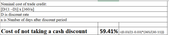 Nominal cost of trade credit: [D/(1-D)] x [360/n] Dis discount rate n is Number of days after discount period Cost of not tak