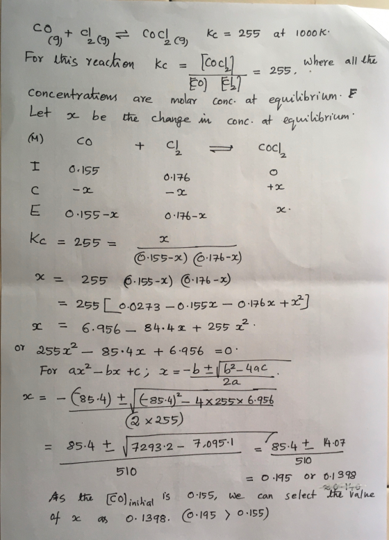 molar conc. at equilibrium. E Huw - x tx X . CO3+ .cg = Cocco, Ke = 255 at 1000k: For this reaction kc = [cochl = 255, where