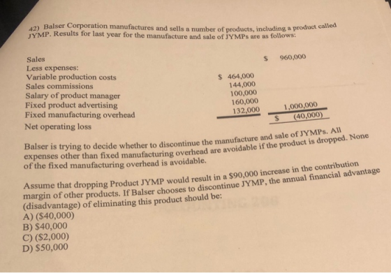 2) Balser Corporation manufactures and sells a number of products, including a pro TYMP. Results for last year for the manufa