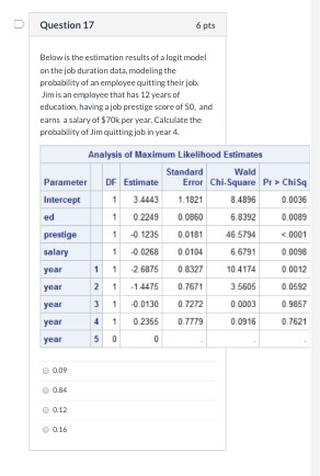 Question 17 6 pts Below is the estimation results of a logit model on the job duration data, modeling the probability of an e