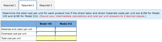Required 1 Required 2 Required 3 Determine the total cost per unit for each product line if the direct labor and direct mater