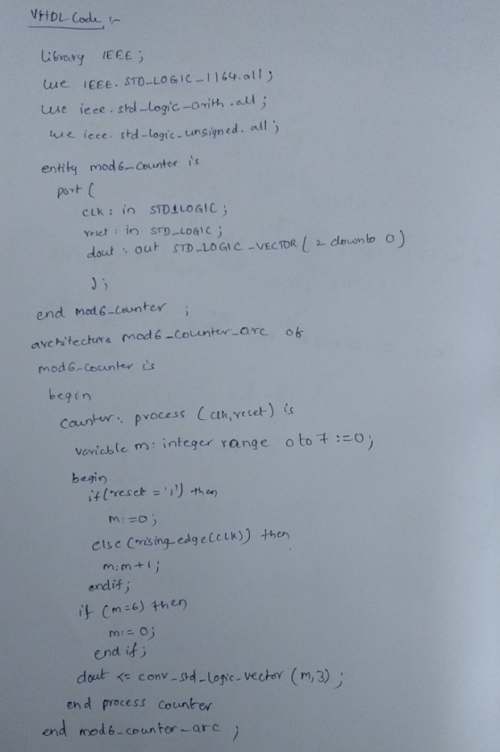 VHDL Cod Libverg IEEE ue IEEE. STO-LOGIC-al uue iece std-logic unsigned. all entiky mod6-Counter pot ( Yeet: in STD-LDGICİ do