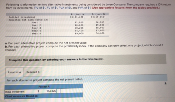 Following is information on two alternative investments being considered by Jolee Company. The company requires a 10% return