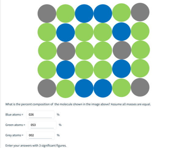 What is the percent composition of the molecule shown in the image above? Assume all masses are equal. Blue atoms = 026 Green