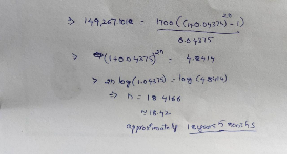 -> 149,267.1018 1700 (C+0.04375) - 1) 0.04375 (1+0.04375) 4.8414 > 21 log (1.04375) log (4.8414) -> D = 18.4166 ~ 18.42 appro