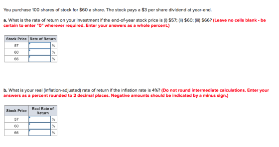 You purchase 100 shares of stock for $60 a share. The stock pays a $3 per share dividend at year-end. a. What is the rate of return on your investment if the end-of-year stock price is () $57; (i) $60; (ii) $66? (Leave no cells blank-be certain to enter O wherever required. Enter your answers as a whole percent.) Stock Price Rate of Return b, what is your real (inflation-adjusted) rate of return if the inflation rate is 4%? (Do not round intermediate calculations. Enter your answers as a percent rounded to 2 decimal places. Negative amounts should be indicated by a minus sign.) Stock Price Real Rate of Return 57