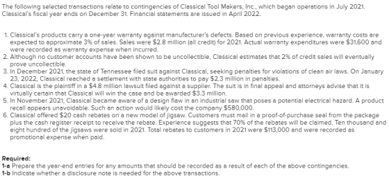 The following selected transactions relate to contingencies of Classical Tool Makers, Inc., which began operations in July 20