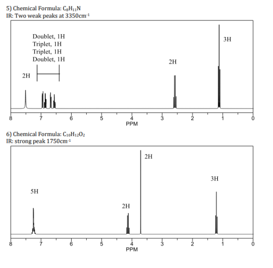 5) Chemical Formula: CgHN IR: Two weak peaks at 3350cm-1 3H Doublet, IH Triplet, 1H Triplet, 1H Doublet, 1H 2H 4 2 PPM 6) Che