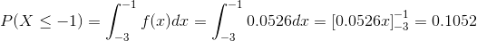 P(X<-1) f(x)dr = 0.0526dz 0.05262-3-0.1052 =