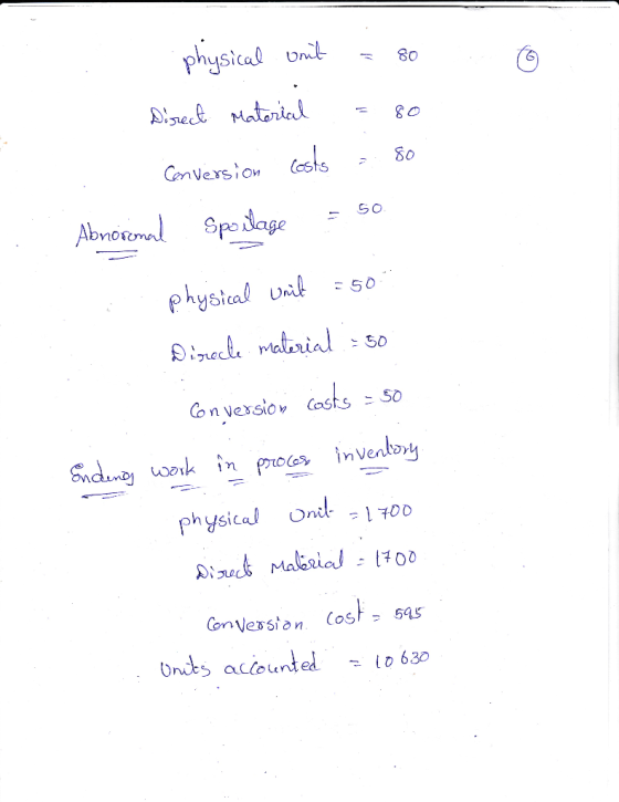 6 physical unit a so Direct Material - 80 Conversion costs - 80 Abnoromal Sportage = physical unit =500 Disiede material. - 5