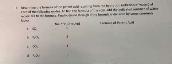 2. Determine the formula of the parent acid resulting from the hydration (addition of water) of each of the following oxides.