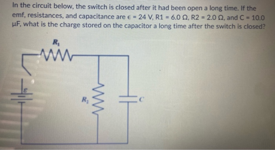 In the circuit below, the switch is closed after it had been open a long time. If the emf, resistances, and capacitance are e