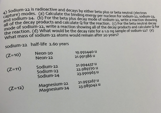 m-32 is radioactive and decays by either beta plus or beta neutral (electron 42 sture modes. (a calculate the binding energy per nucleon for sodium-2n,sodium- caPdodium-24. (b) For the beta plus decay mode of sodium-22, write a reaction sho all of the decay products and calculate Q for the reaction. ( For the beta neutral decay mode of sodium-22, write a reaction showing all of the decay products and calculate Q for reaction. (d) What would be the decay rate for a 1.0 ng sample of sodium-22? (e) What mass of sodium-22 atoms would remain after 20 years? odium-22, write a reaction showing sodium-22 half-life 2.60 years (Z-10) (Z-11) Sodium-22 Neon-20o Neon-22 19.992440 u 21.991386u Sodium-23 Sodium-24 21.994437 u 22.98977o u 23.990963 u (Z-12) Magnesium-22 21.993267 u Magnesium-24 23.985042 u