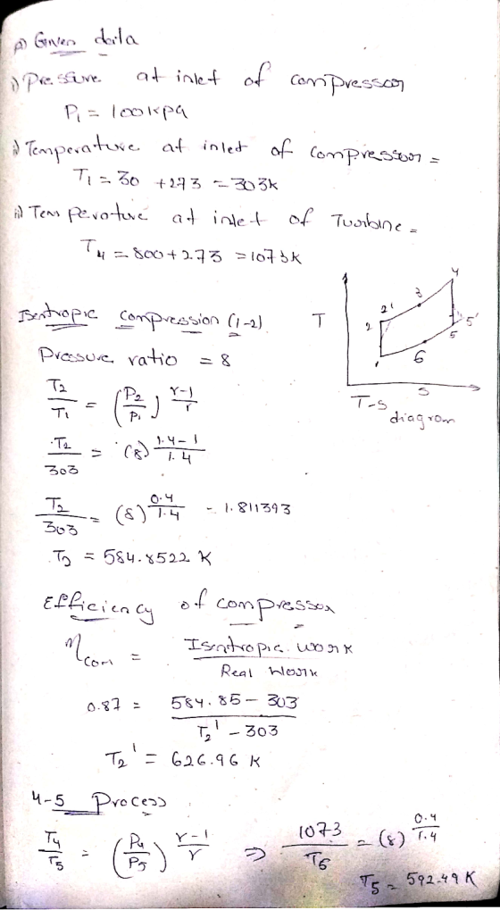 A Given daila opressure at inlet of compressor Pi = 100kpa Temperature at inlet of compressor = Ti = 30 +2.43 -3034 Hind Tena