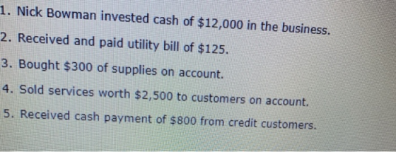 1. Nick Bowman invested cash of $12,000 in the business. 2. Received and paid utility bill of $125. 3. Bought $300 of supplie