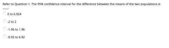 Refer to Question 1 . The 95% confidence interval for the difference between the means of the two populations is 0 to 6.924 -