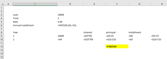 Loan Time Rate Annual installment 10000 4 0.09 =PMT(D5,D4,-D3) Installment Year 1 2 Interest :09 *9% :010*9% prinicpal -D9-F9 =D10-F10 10000 :06 -H9 -G10-E10 =F 10/G 10 12 13
