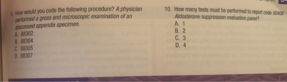 How would you code the following procedure? A physician performed a gross and microscopic examination of an abscessed appendi