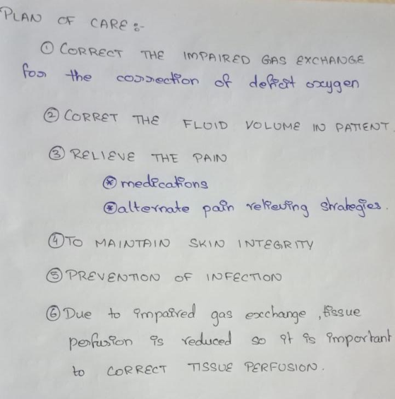 PLAN OF CARE : O CORRECT THE IMPAIRED GAS EXCHANGE for the connection of defeat oxygen CORRET THE FLUID VOLUME IN PATIENT ③ R