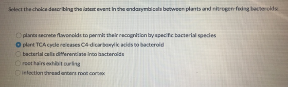 Select the choice describing the latest event in the endosymbiosis between plants and nitrogen-fixing bacteroids: O plants se