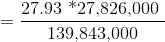 =\frac{ \textup{27.93 *27,826,000 } }{\textup{139,843,000}}