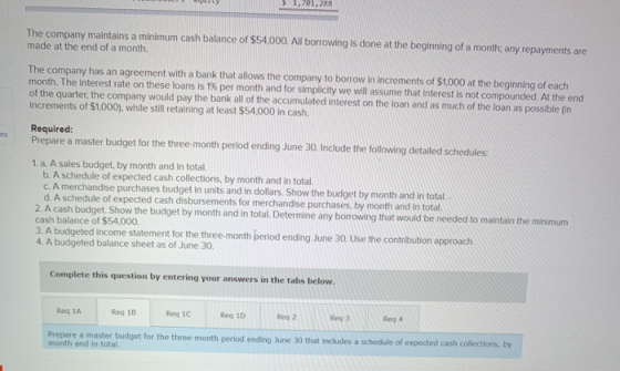 The company maintains a minimum cash balance of $54,000. All borrowing is done at the beginning of a month; any repayments ar