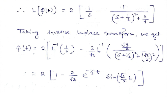 = 2 ... L(01) (S++)7 Taking inverse Laplace toomsform, [s styti we get 2 9 Lt) = a[5(+) - a gy sin! =)] [ - 21 é žt