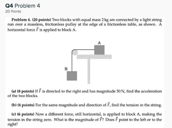 Q4 Problem 4 20 Points Problem 4. (20 points) Two blocks with equal mass 2 kg are connected by a light string run over a mass