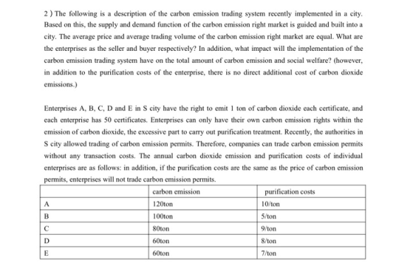 2) The following is a description of the carbon emission trading system recently implemented in a city. Based on this, the su