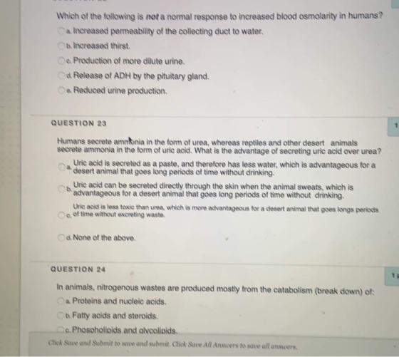 Which of the following is not a normal response to increased blood osmolarity in humans? a Increased permeability of the coll