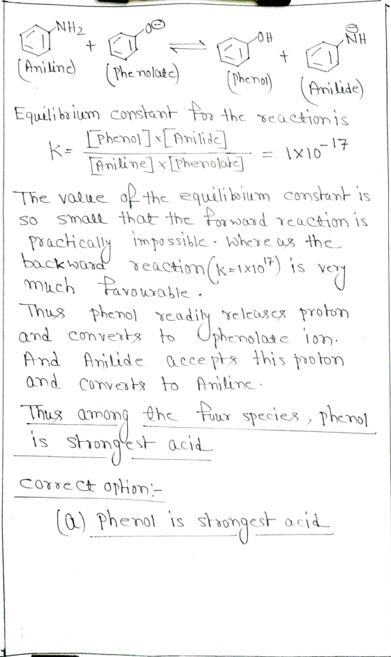O OH NH + (Pha nollec) ko -17 1x10 SO NH2 + (Aniline) (phenol) Anilide) Equilibrium constant for the reaction is [Phenol] + [