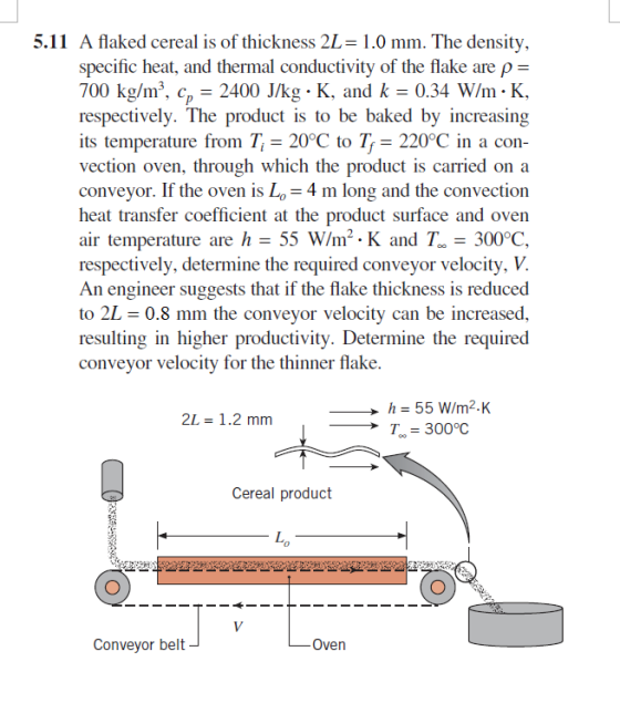 5.11 A flaked cereal is of thickness 2L = 1.0 mm. The density, specific heat, and thermal conductivity of the flake are p = 7